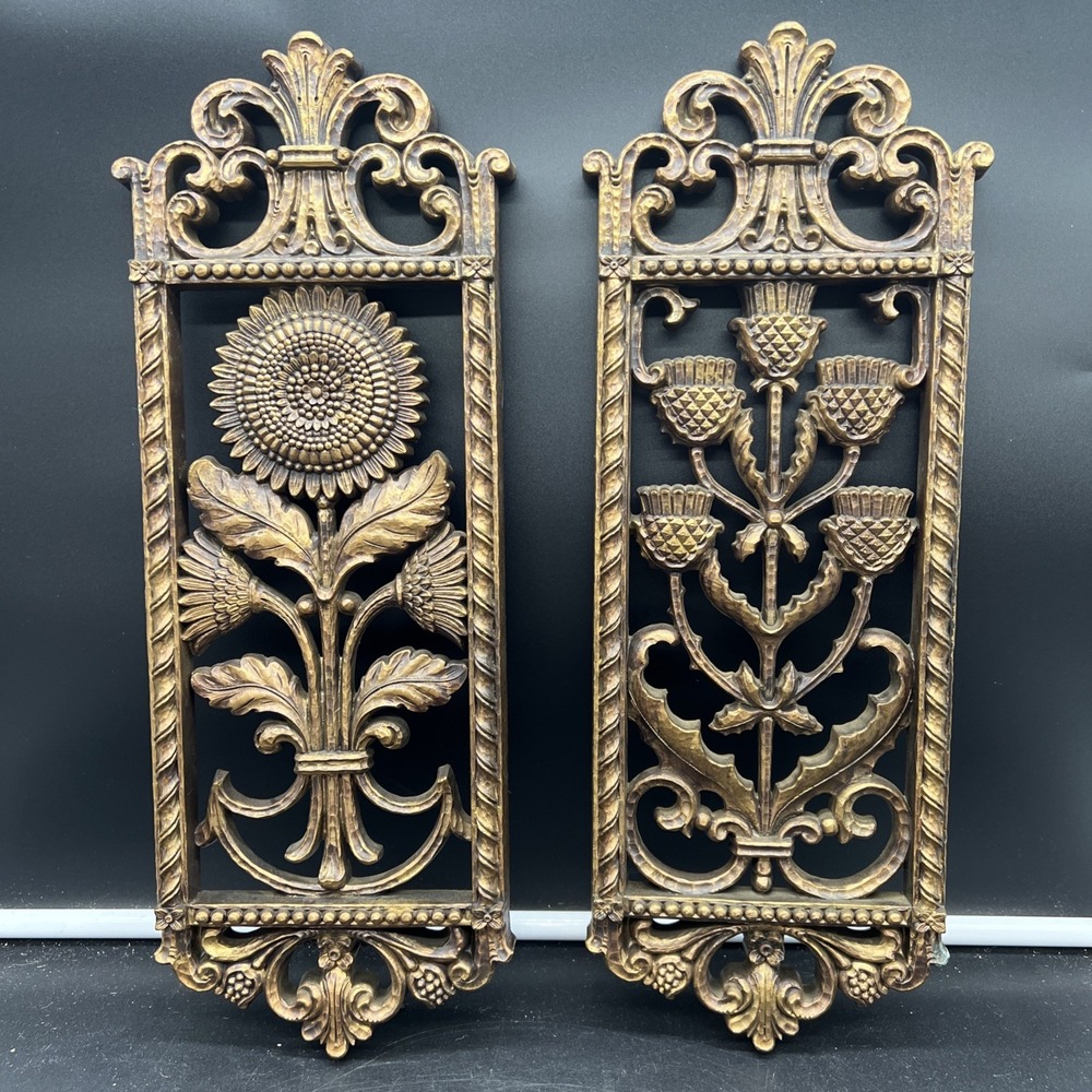 2 Homco Sunflower Daisy Design Black Gold Painted Wall Decor Vintage Plastic